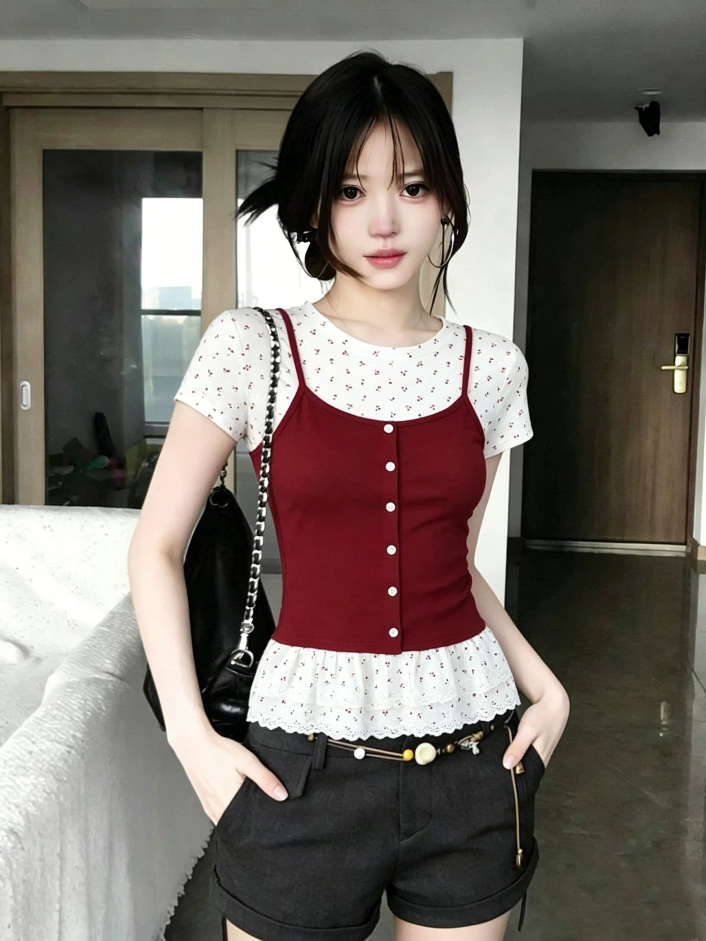 사람들 면 260 그램 빅 사이즈 지방 mm 한 부서 달콤함 페이크 레이어드 반팔 티셔츠 여성 의류 여름 발레 바람 슬림해 보이는 가스 이미지 4