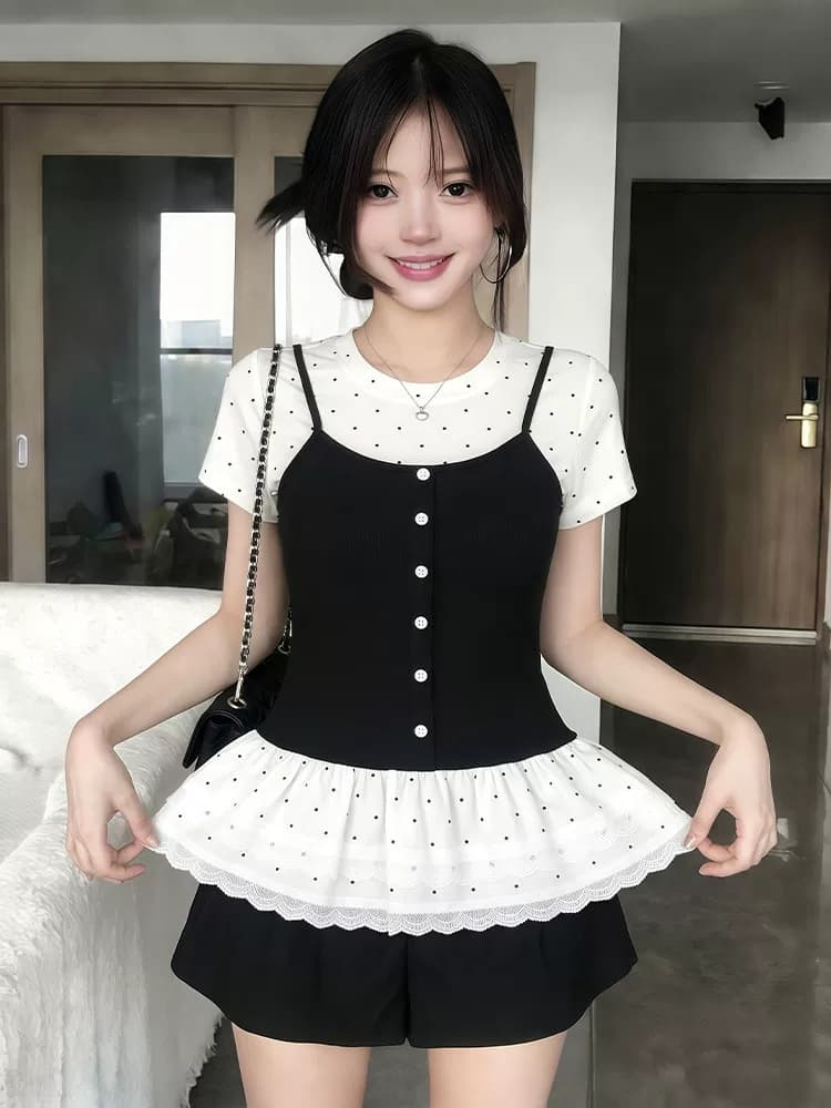 사람들 면 260 그램 빅 사이즈 지방 mm 한 부서 달콤함 페이크 레이어드 반팔 티셔츠 여성 의류 여름 발레 바람 슬림해 보이는 가스 상세 이미지 3