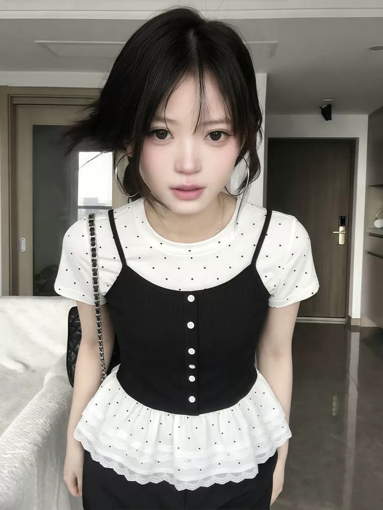 사람들 면 260 그램 빅 사이즈 지방 mm 한 부서 달콤함 페이크 레이어드 반팔 티셔츠 여성 의류 여름 발레 바람 슬림해 보이는 가스 상세 이미지 5