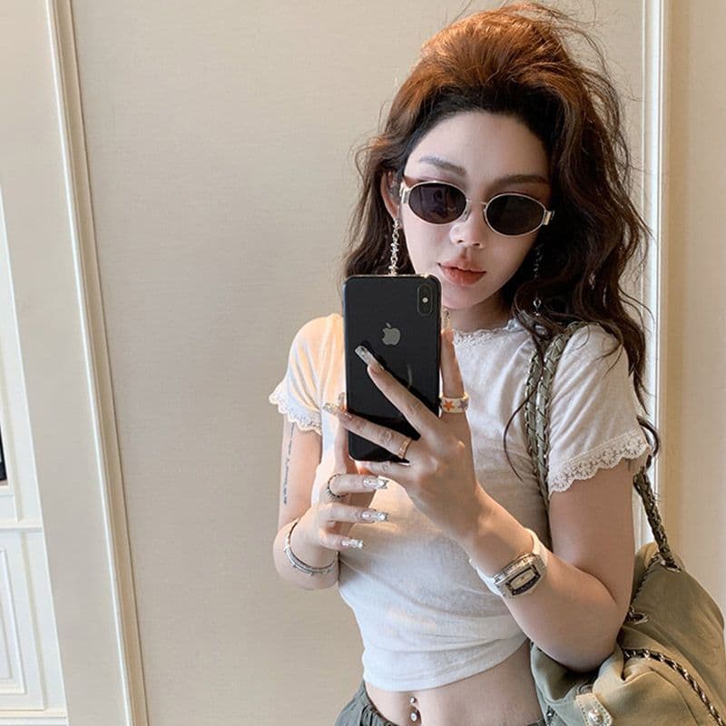 원본 눈꽃 면 작은 대중 프랑스식 레이스 맨위 얇은 쇼트 스타일 몸매 가꾸기 슬림해 보이는 반팔 티셔츠 이미지 2