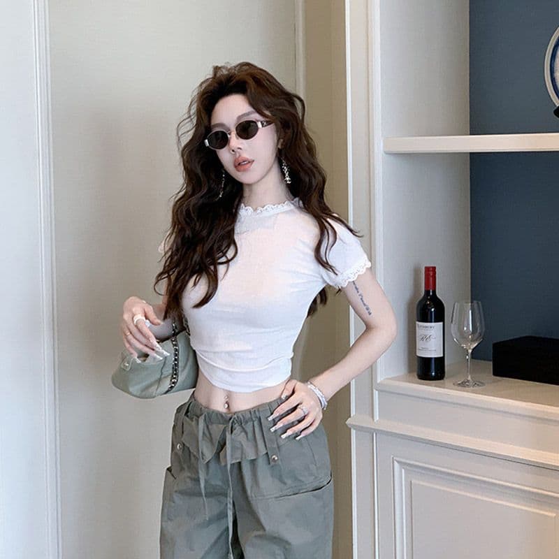 원본 눈꽃 면 작은 대중 프랑스식 레이스 맨위 얇은 쇼트 스타일 몸매 가꾸기 슬림해 보이는 반팔 티셔츠 이미지 4