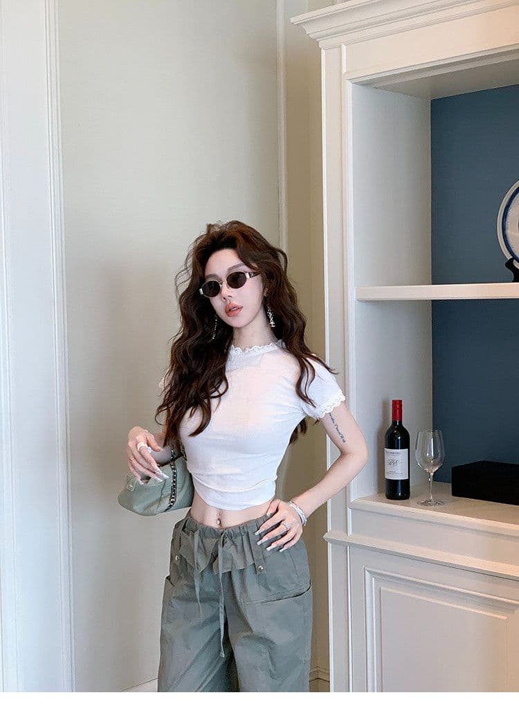 원본 눈꽃 면 작은 대중 프랑스식 레이스 맨위 얇은 쇼트 스타일 몸매 가꾸기 슬림해 보이는 반팔 티셔츠 상세 이미지 4