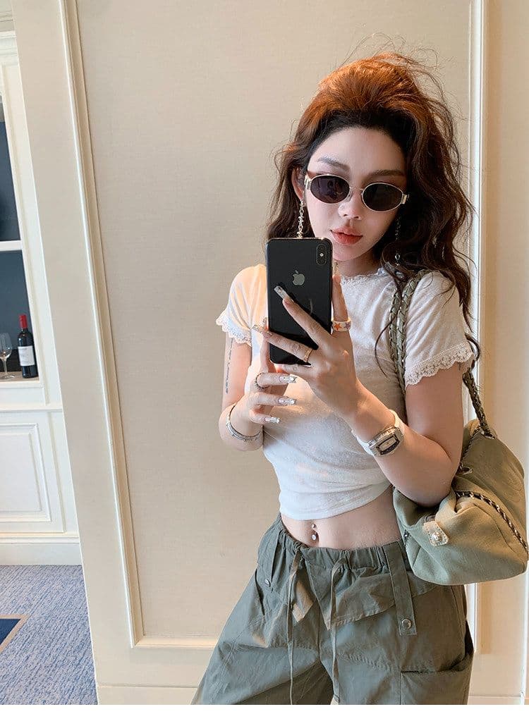 원본 눈꽃 면 작은 대중 프랑스식 레이스 맨위 얇은 쇼트 스타일 몸매 가꾸기 슬림해 보이는 반팔 티셔츠 상세 이미지 10
