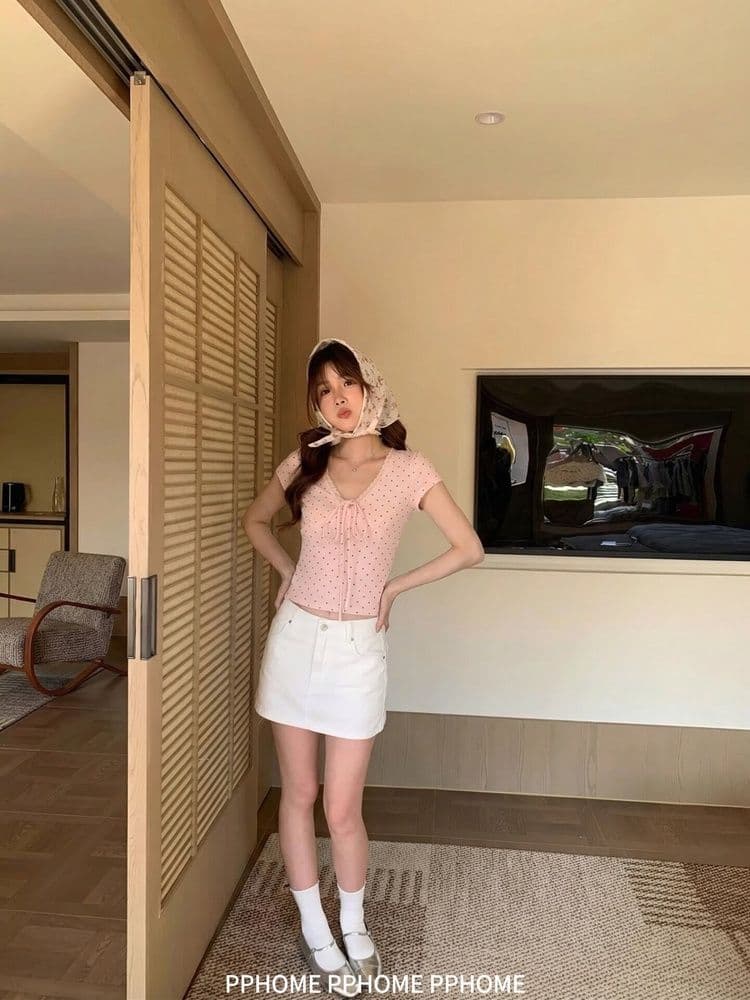 2 2 와 사고 방식 부드러운 하트 비트 순수한 욕망 레이스 나비 매듭 V넥 반팔 티셔츠 여성 달콤함 도트 무늬 쇼트 스타일 맨위 상세 이미지 5