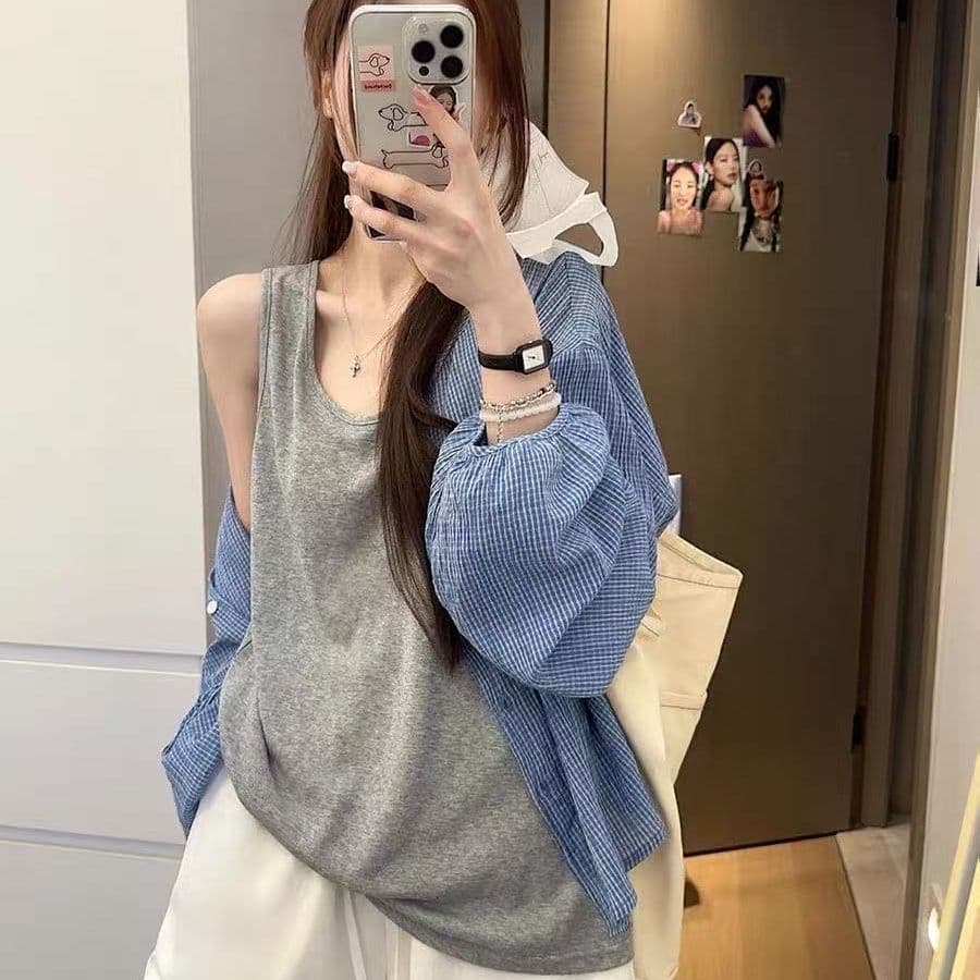 여름 새로운 느긋한 자외선 차단 한 부서 파란색 격자 무늬 셔츠 다용도 셔츠 재킷 슬림해 보이는 루즈핏 맨위 2026 이미지 2