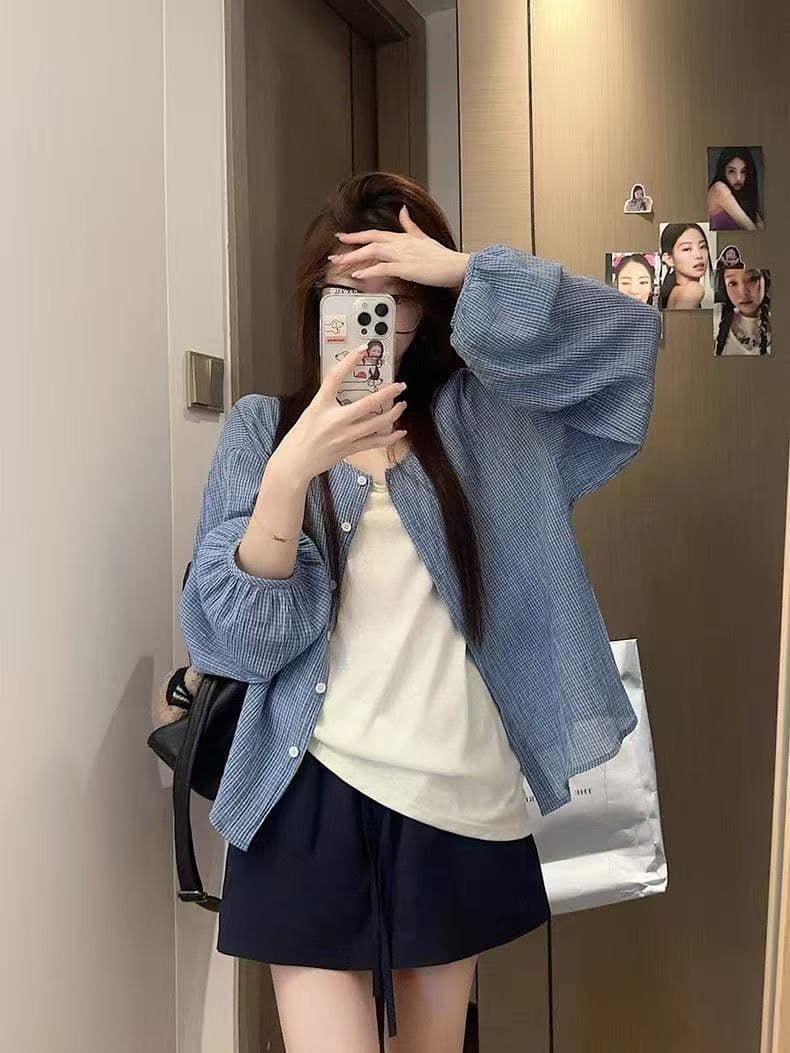 여름 새로운 느긋한 자외선 차단 한 부서 파란색 격자 무늬 셔츠 다용도 셔츠 재킷 슬림해 보이는 루즈핏 맨위 2026 상세 이미지 3