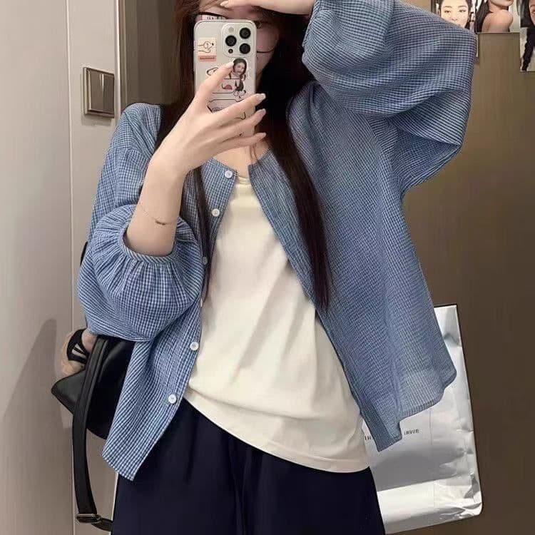 여름 새로운 느긋한 자외선 차단 한 부서 파란색 격자 무늬 셔츠 다용도 셔츠 재킷 슬림해 보이는 루즈핏 맨위 2026 상세 이미지 9
