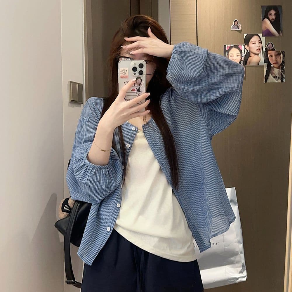 여름 새로운 느긋한 자외선 차단 한 부서 파란색 격자 무늬 셔츠 다용도 셔츠 재킷 슬림해 보이는 루즈핏 맨위 2026 상세 이미지 17