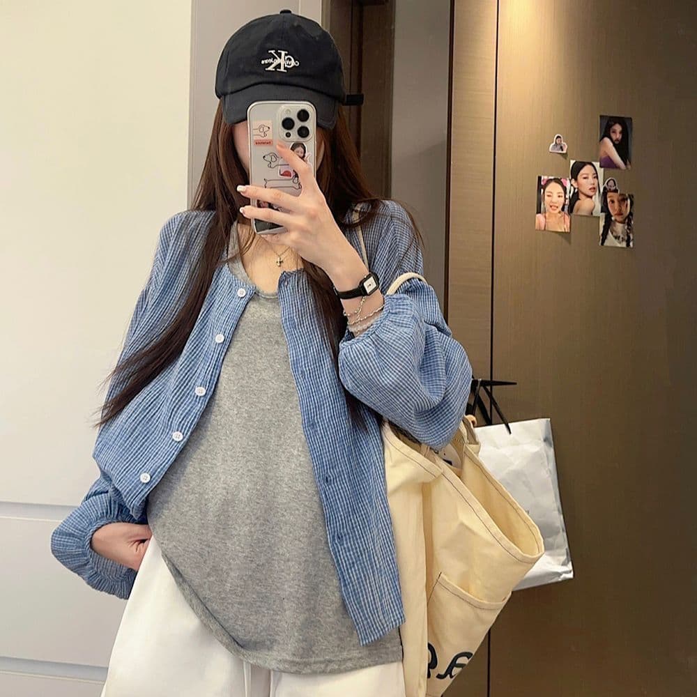 여름 새로운 느긋한 자외선 차단 한 부서 파란색 격자 무늬 셔츠 다용도 셔츠 재킷 슬림해 보이는 루즈핏 맨위 2026 상세 이미지 24