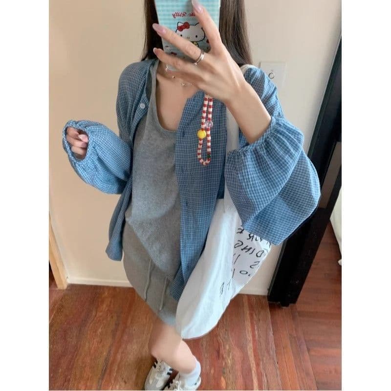 여름 새로운 느긋한 자외선 차단 한 부서 파란색 격자 무늬 셔츠 다용도 셔츠 재킷 슬림해 보이는 루즈핏 맨위 2026 상세 이미지 26