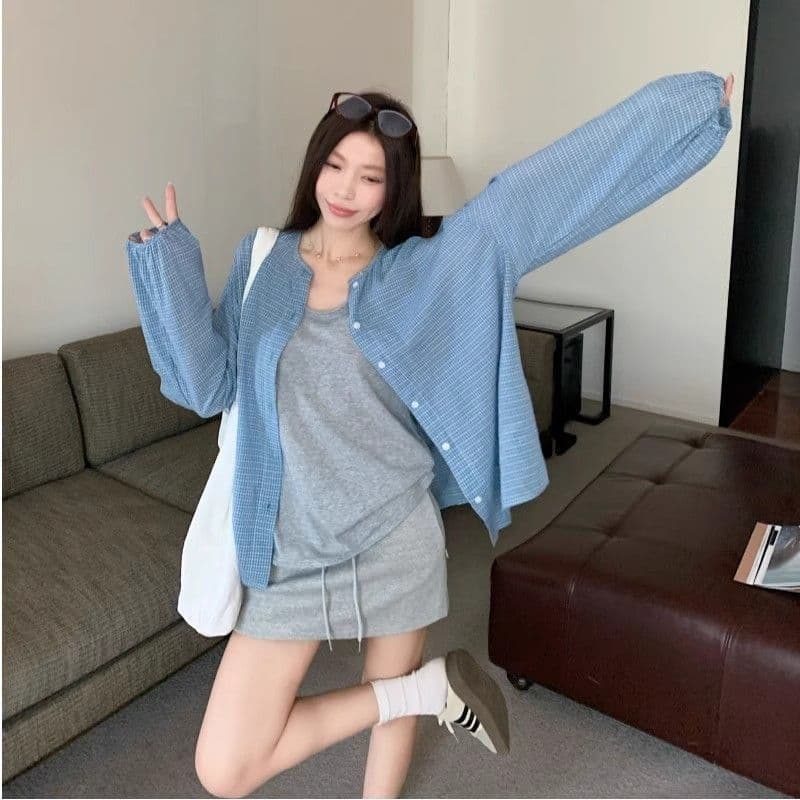 여름 새로운 느긋한 자외선 차단 한 부서 파란색 격자 무늬 셔츠 다용도 셔츠 재킷 슬림해 보이는 루즈핏 맨위 2026 상세 이미지 27