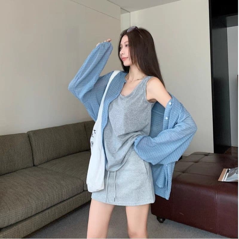 여름 새로운 느긋한 자외선 차단 한 부서 파란색 격자 무늬 셔츠 다용도 셔츠 재킷 슬림해 보이는 루즈핏 맨위 2026 상세 이미지 30