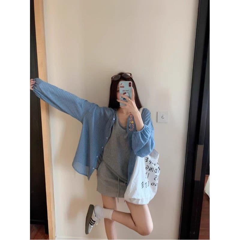 여름 새로운 느긋한 자외선 차단 한 부서 파란색 격자 무늬 셔츠 다용도 셔츠 재킷 슬림해 보이는 루즈핏 맨위 2026 상세 이미지 32