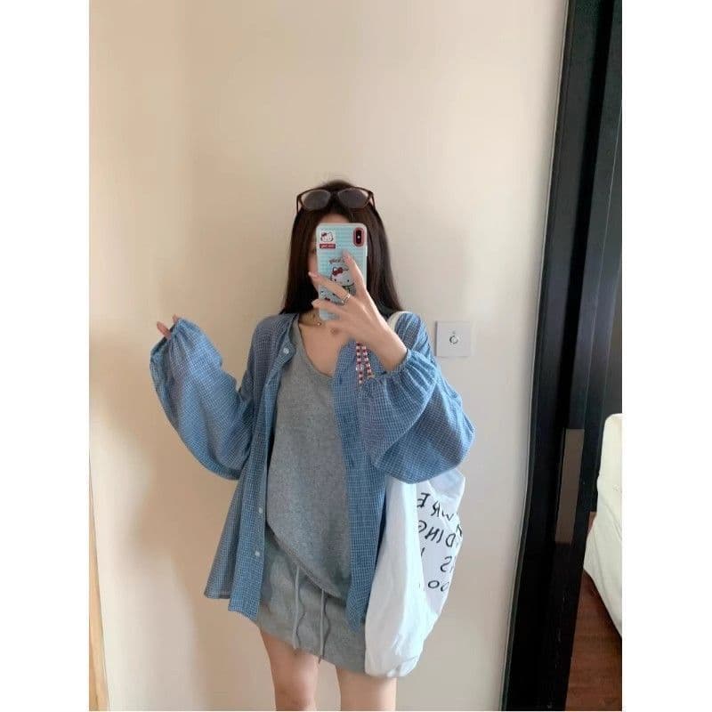 여름 새로운 느긋한 자외선 차단 한 부서 파란색 격자 무늬 셔츠 다용도 셔츠 재킷 슬림해 보이는 루즈핏 맨위 2026 상세 이미지 33