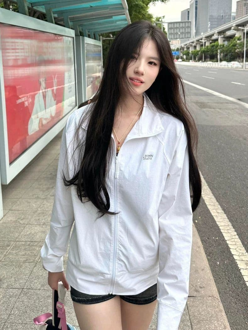 원본 솜씨 원본 천 좋은 품질 여름 새로운 스탠드 칼라 화이트 자외선 차단 의류 여성 통기성 재킷 이미지 3