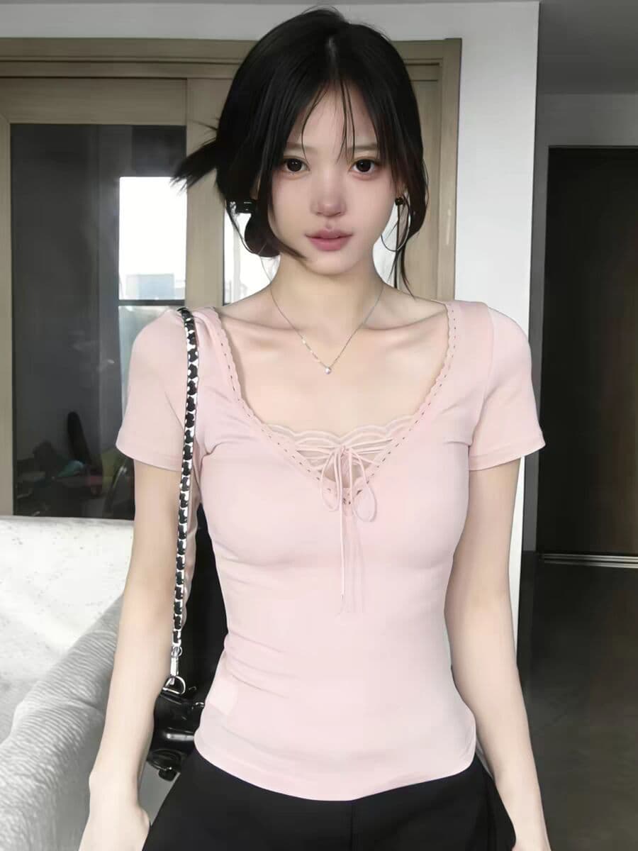 40 면 1 1 오스트리아 세대 서울 220 그램 핫걸 바람 V넥 레이스 조각 한 부서 반팔 티셔츠 여성 이미지 2