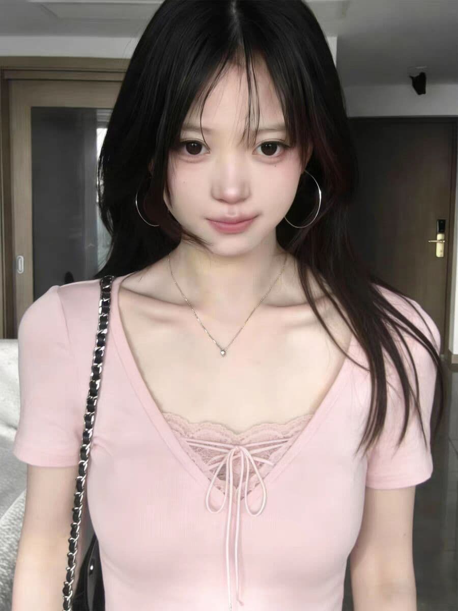 40 면 1 1 오스트리아 세대 서울 220 그램 핫걸 바람 V넥 레이스 조각 한 부서 반팔 티셔츠 여성 상세 이미지 3
