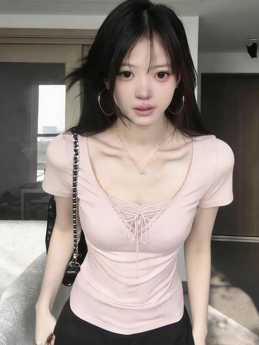 40 면 1 1 오스트리아 세대 서울 220 그램 핫걸 바람 V넥 레이스 조각 한 부서 반팔 티셔츠 여성 상세 이미지 4