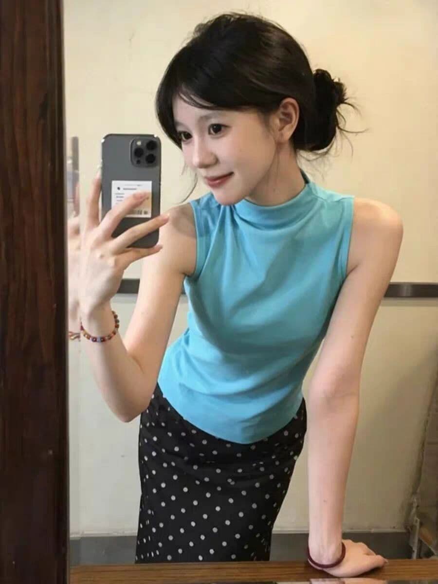 40 면 1 1 오스트리아 세대 서울 220 그램 고급 센스 파란색 반하이넥 작은 대중 민소매 조끼 여성 이미지 2