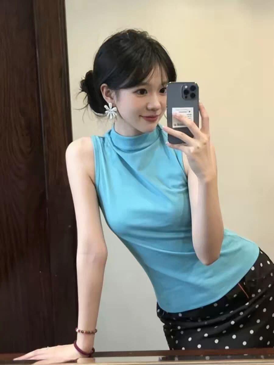 40 면 1 1 오스트리아 세대 서울 220 그램 고급 센스 파란색 반하이넥 작은 대중 민소매 조끼 여성