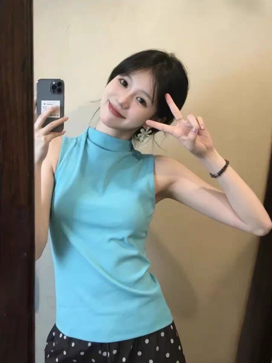 40 면 1 1 오스트리아 세대 서울 220 그램 고급 센스 파란색 반하이넥 작은 대중 민소매 조끼 여성 상세 이미지 3