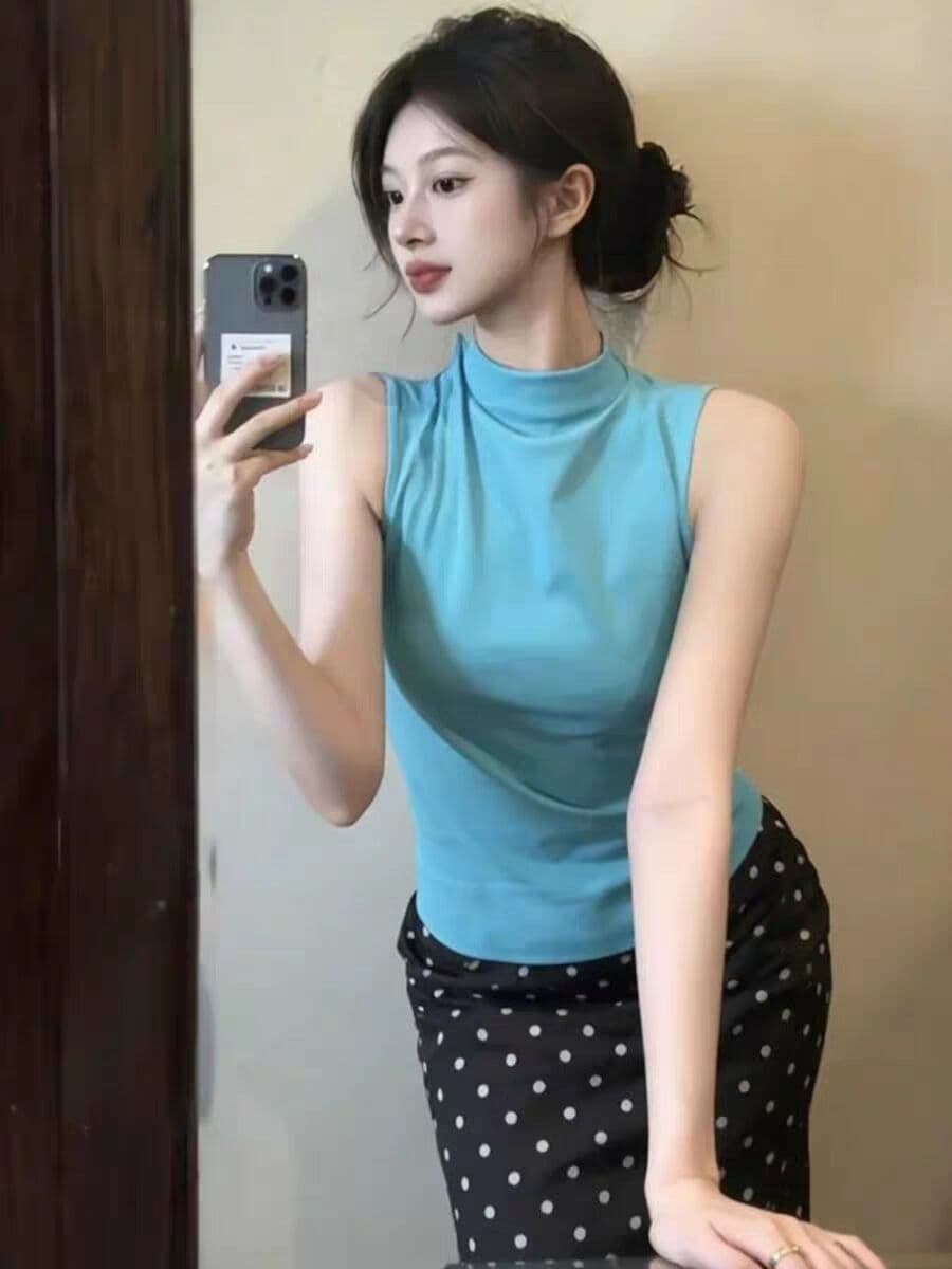 40 면 1 1 오스트리아 세대 서울 220 그램 고급 센스 파란색 반하이넥 작은 대중 민소매 조끼 여성 상세 이미지 5