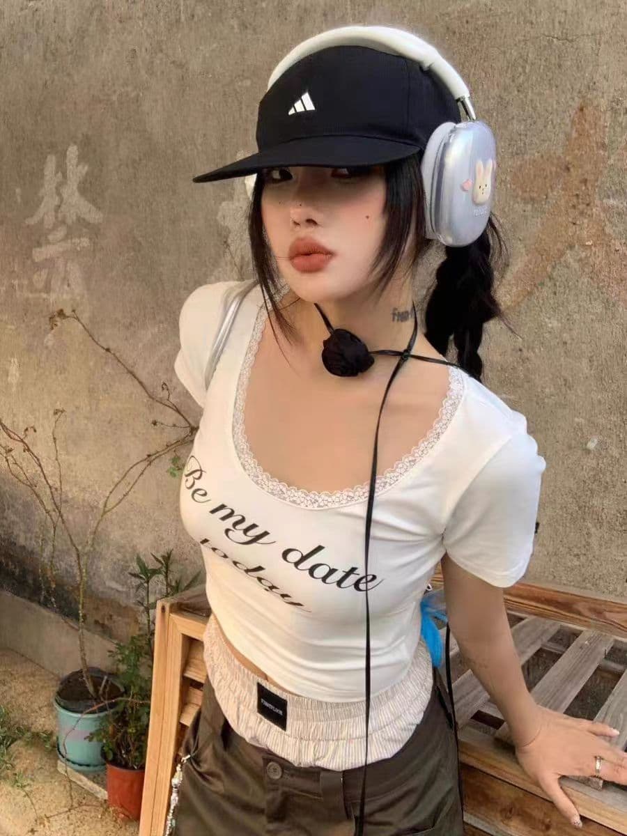 40 순면 리브 92 면 8 암모니아 Lun 여성 여름 새로운 알파벳 프린트 레이스 측면 상세 이미지 2