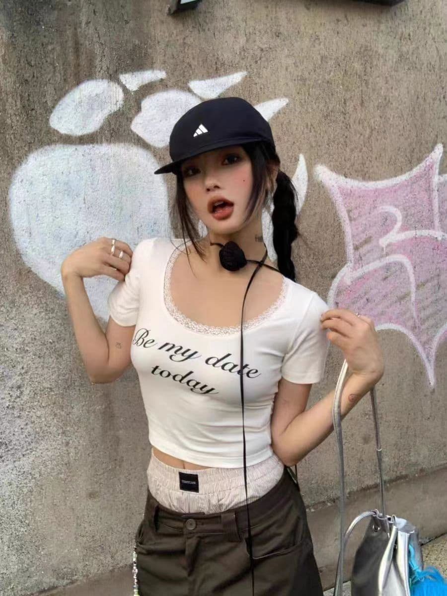 40 순면 리브 92 면 8 암모니아 Lun 여성 여름 새로운 알파벳 프린트 레이스 측면 상세 이미지 3
