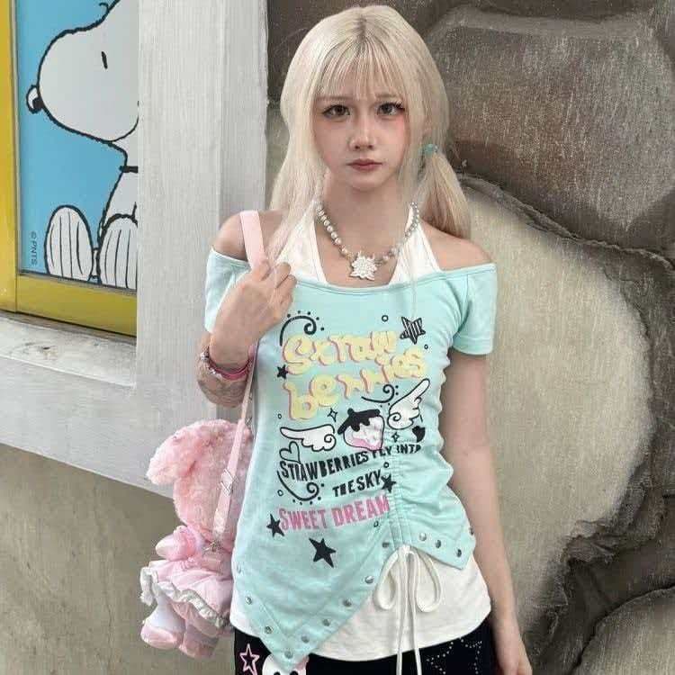 40 1 1 순면 아메리칸 레트로 불규칙 페이크 레이어드 티셔츠 여성 여름 빛 아시아 인 반팔 맨위 상세 이미지 2