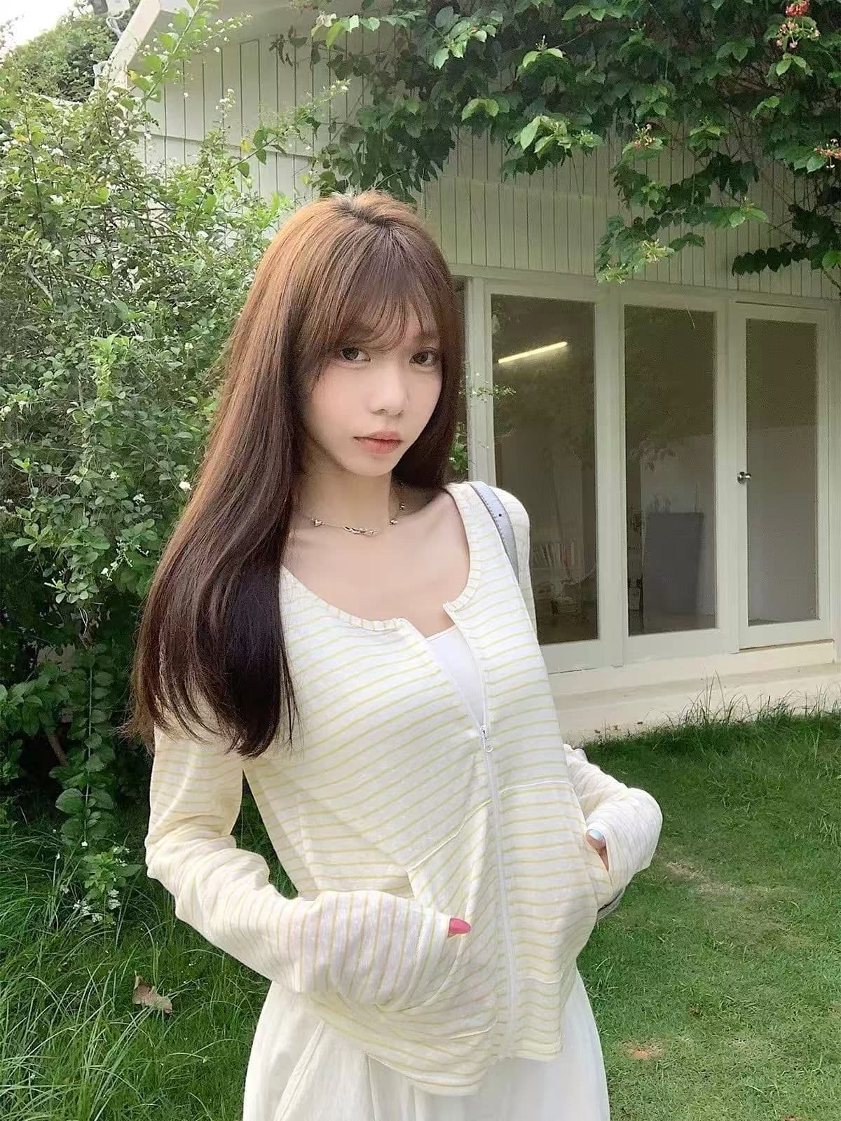 순면 눈꽃 면 스트라이프 긴팔 오픈 가디건 여성 여름 슬림해 보이는 맨위 후드 자외선 차단 카디건 코트 상세 이미지 1