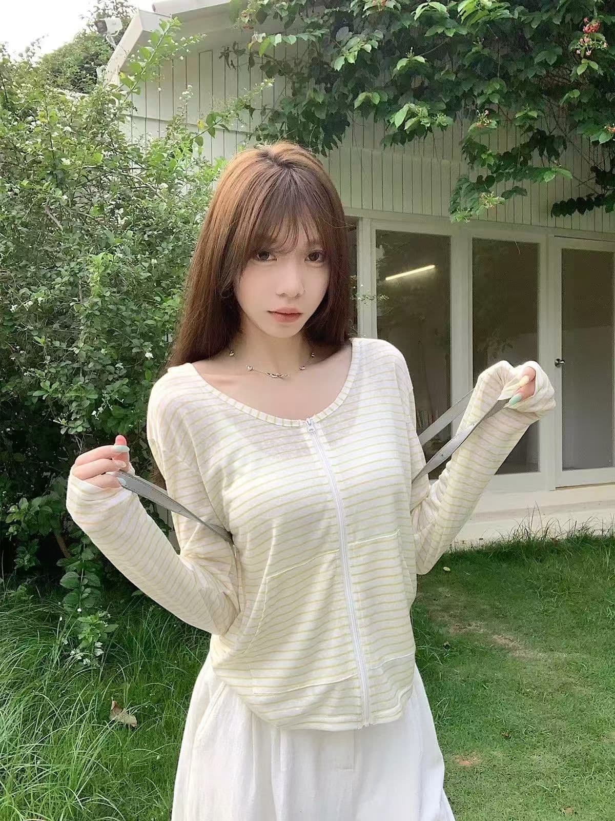 순면 눈꽃 면 스트라이프 긴팔 오픈 가디건 여성 여름 슬림해 보이는 맨위 후드 자외선 차단 카디건 코트 상세 이미지 2