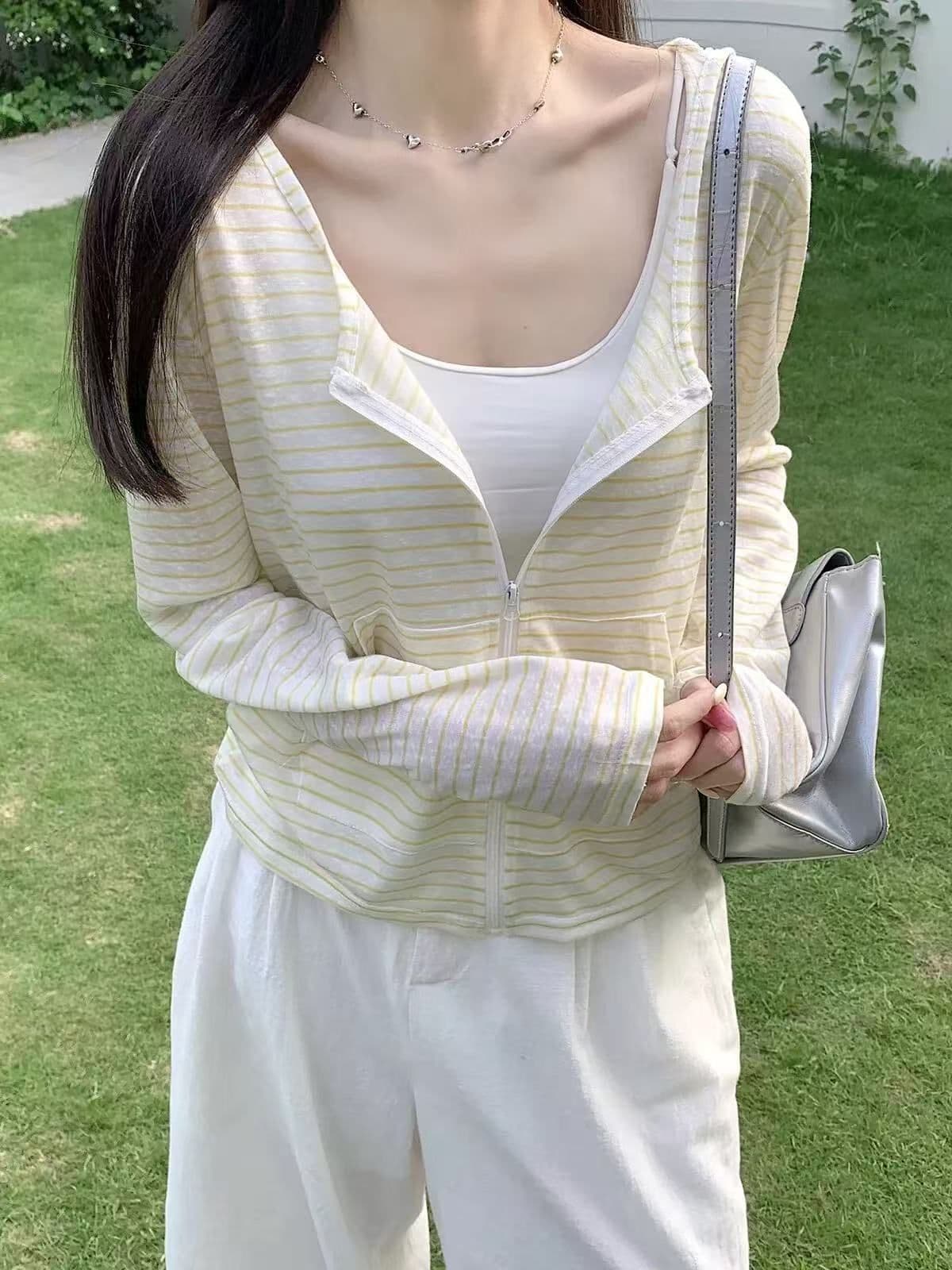 순면 눈꽃 면 스트라이프 긴팔 오픈 가디건 여성 여름 슬림해 보이는 맨위 후드 자외선 차단 카디건 코트 상세 이미지 3