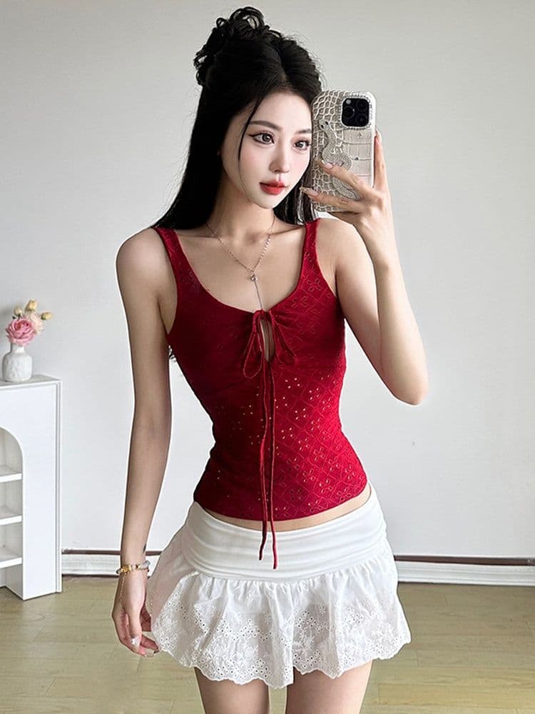 원본 자수 프랑스식 질감 구멍 홀로우 아웃 레이스업 조끼 슬립 여성 다용도 몸매 가꾸기 슬림해 보이는 민소매 짧은 맨위 이미지 3