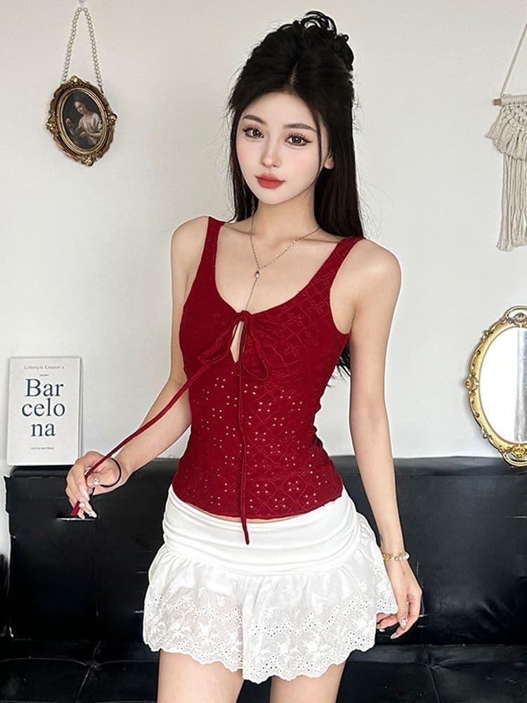 원본 자수 프랑스식 질감 구멍 홀로우 아웃 레이스업 조끼 슬립 여성 다용도 몸매 가꾸기 슬림해 보이는 민소매 짧은 맨위 상세 이미지 2