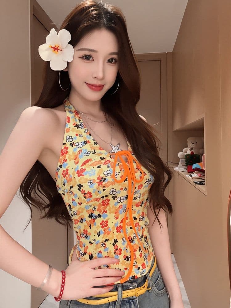 1 1 차가운 실크 코튼 달콤한 매운맛 바람 꽃무늬 행침 목 캐미솔 여름 작은 대중 몸매 가꾸기 슬림해 보이는 외출용 백리스 티셔츠 상세 이미지 1