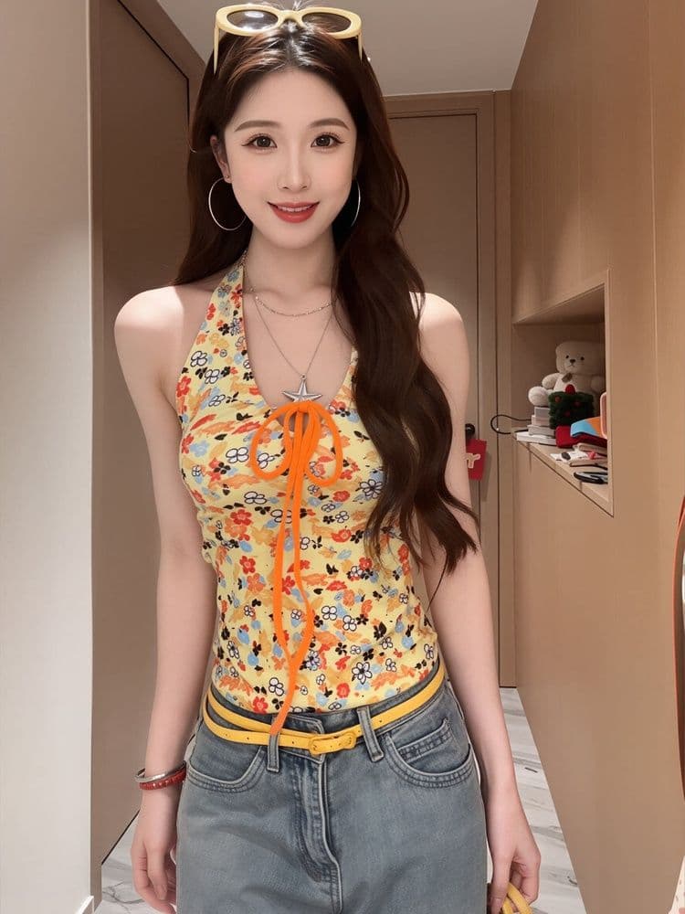 1 1 차가운 실크 코튼 달콤한 매운맛 바람 꽃무늬 행침 목 캐미솔 여름 작은 대중 몸매 가꾸기 슬림해 보이는 외출용 백리스 티셔츠 상세 이미지 4