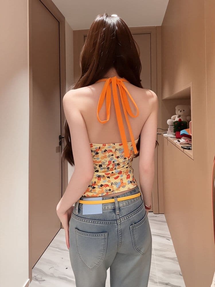 1 1 차가운 실크 코튼 달콤한 매운맛 바람 꽃무늬 행침 목 캐미솔 여름 작은 대중 몸매 가꾸기 슬림해 보이는 외출용 백리스 티셔츠 상세 이미지 7