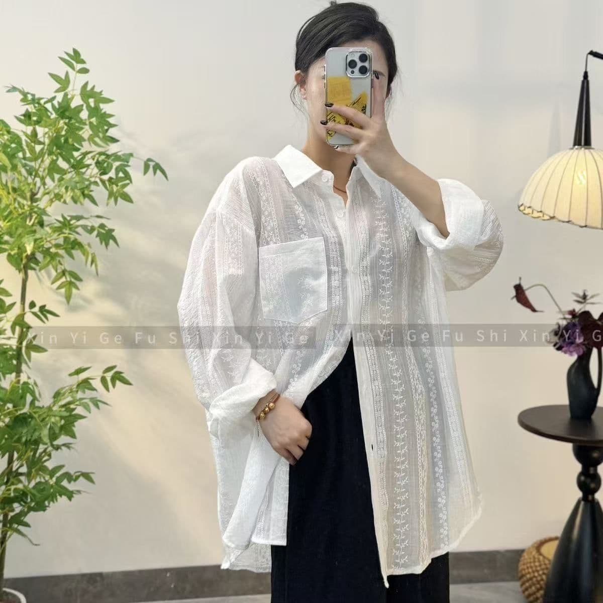 슈퍼 요정 얇은 스타일 긴팔 여름 새로운 통기성 홀로우 아웃 자외선 차단 의류 셔츠 재킷 맨위 오픈 가디건 숲속 소녀 휴가 바람 상세 이미지 23