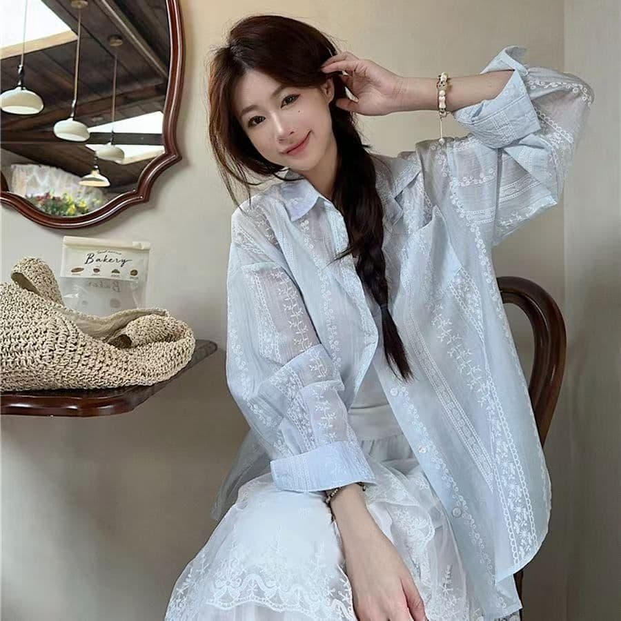슈퍼 요정 얇은 스타일 긴팔 여름 새로운 통기성 홀로우 아웃 자외선 차단 의류 셔츠 재킷 맨위 오픈 가디건 숲속 소녀 휴가 바람 상세 이미지 28