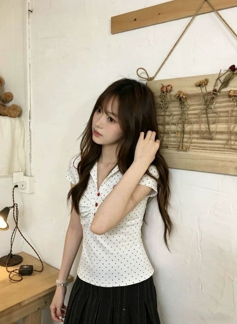 원본 자카드 원단 도트 무늬 배색 POLO 칼라 반팔 티셔츠 여성 여름 몸매 가꾸기 긍정적 인 어깨 작은 맨위 상세 이미지 3