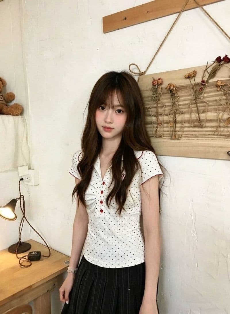 원본 자카드 원단 도트 무늬 배색 POLO 칼라 반팔 티셔츠 여성 여름 몸매 가꾸기 긍정적 인 어깨 작은 맨위 상세 이미지 4