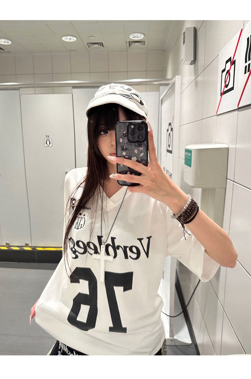 이후 패키지 칼라 보안 버클 원단 단일 구멍 얼굴 버드 눈 V넥 티셔츠 여성 여름 루즈핏 프린트 반팔 알파벳 상세 이미지 11