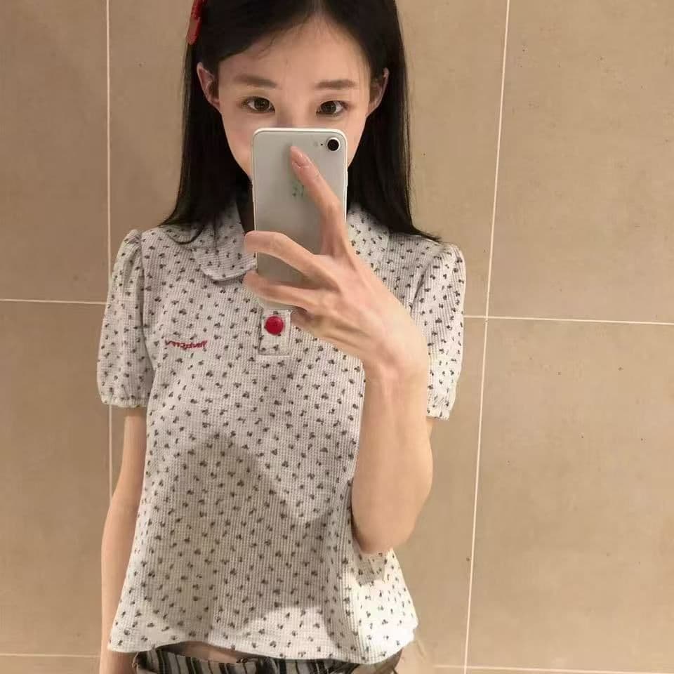 소금 달콤한 일본식 소녀 센스 작은 꽃무늬 베이비 칼라 반팔 티셔츠 2026 여름 새로운 루즈핏 작은 대중 쇼트 스타일 맨위 상세 이미지 3