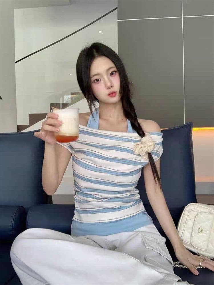 원본 원단 달콤한 매운맛 페이크 레이어드 행침 목 오프숄더 반팔 티셔츠 여성 여름 스트라이프 디자인 다용도 슬림해 보이는 맨위 이미지 2