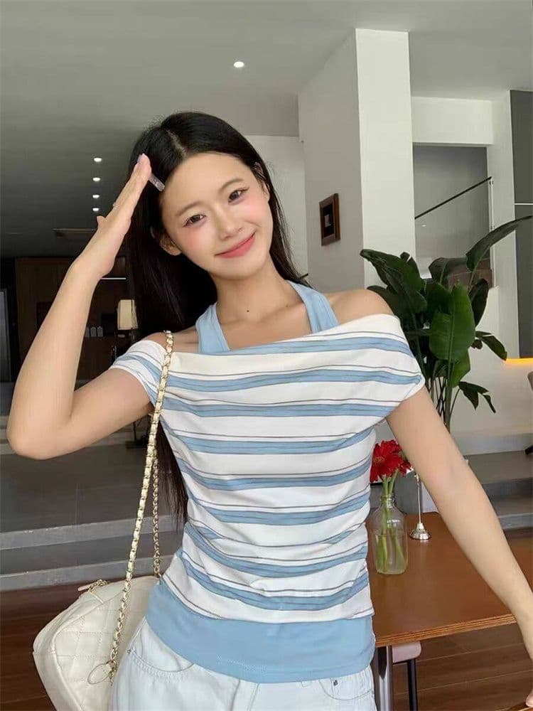 원본 원단 달콤한 매운맛 페이크 레이어드 행침 목 오프숄더 반팔 티셔츠 여성 여름 스트라이프 디자인 다용도 슬림해 보이는 맨위 이미지 3