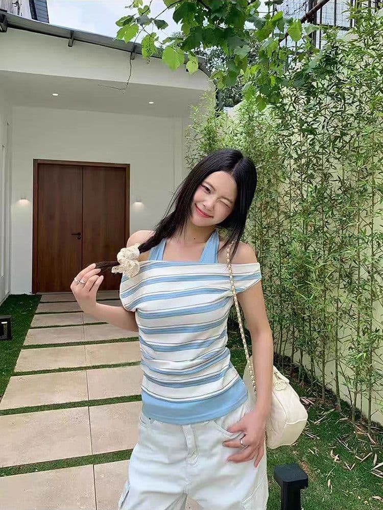 원본 원단 달콤한 매운맛 페이크 레이어드 행침 목 오프숄더 반팔 티셔츠 여성 여름 스트라이프 디자인 다용도 슬림해 보이는 맨위 상세 이미지 4