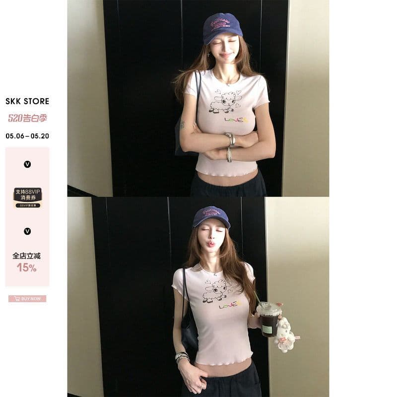 sk1ms 부활절 t 신선함 밝은 봄 여름 색상 순수한 욕망 느긋한 어린 양 프린트 하트 어두운 꽃 레이스 티셔츠 이미지 2