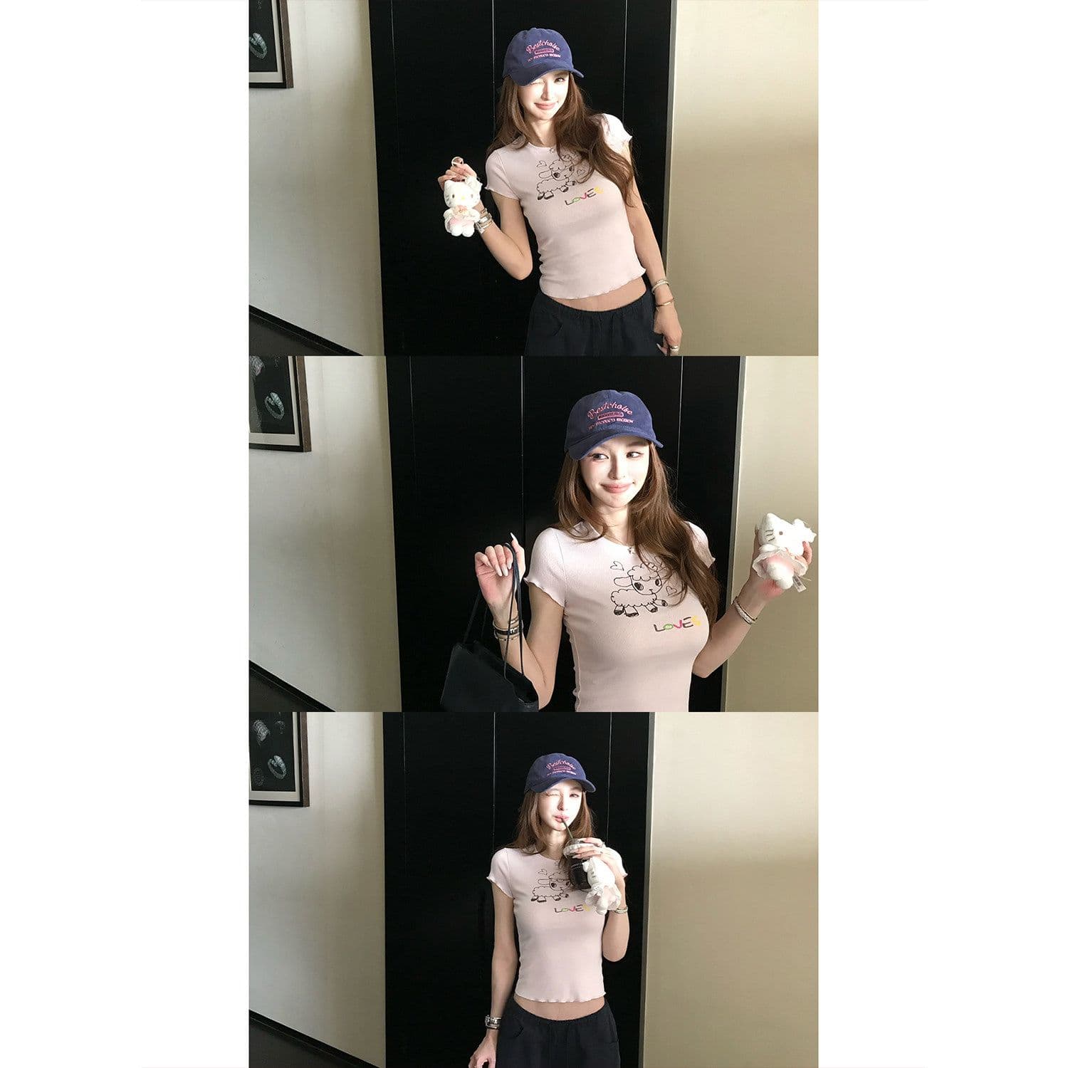 sk1ms 부활절 t 신선함 밝은 봄 여름 색상 순수한 욕망 느긋한 어린 양 프린트 하트 어두운 꽃 레이스 티셔츠 이미지 5