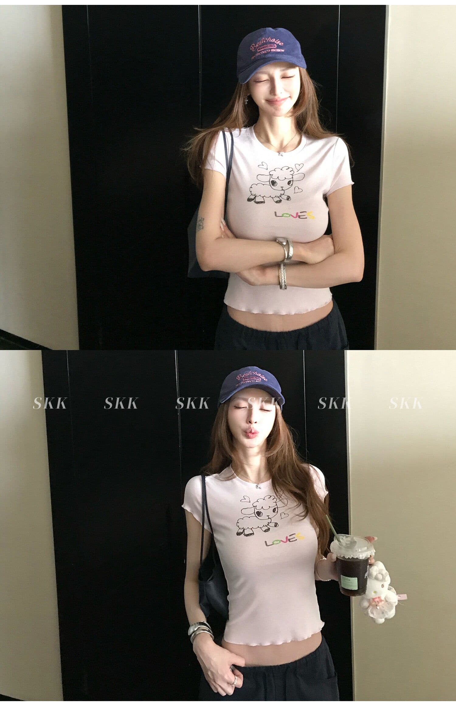 sk1ms 부활절 t 신선함 밝은 봄 여름 색상 순수한 욕망 느긋한 어린 양 프린트 하트 어두운 꽃 레이스 티셔츠 상세 이미지 2
