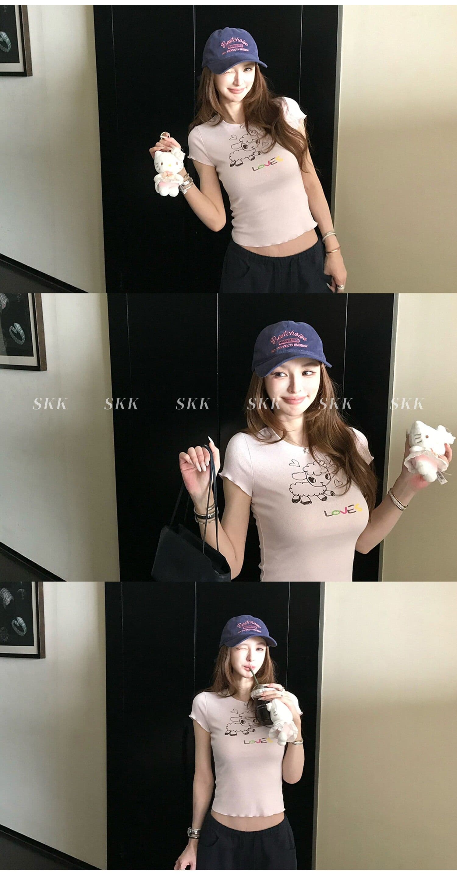 sk1ms 부활절 t 신선함 밝은 봄 여름 색상 순수한 욕망 느긋한 어린 양 프린트 하트 어두운 꽃 레이스 티셔츠 상세 이미지 4